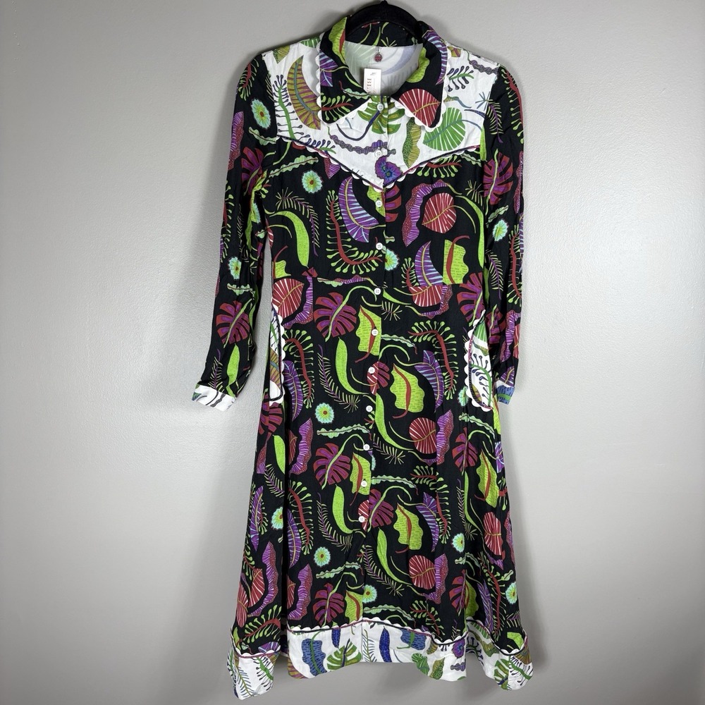 Celia B Women's Small Black Floral Button‎ Front Long Sleeve Fit And Flare Dress